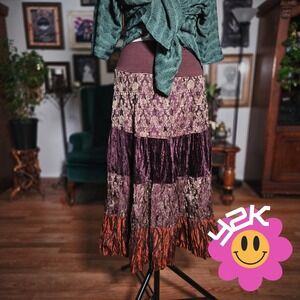Vintage Y2K Derek Heart Tiered Festival Maxi Skirt Velvet Brocade Brown Boho L